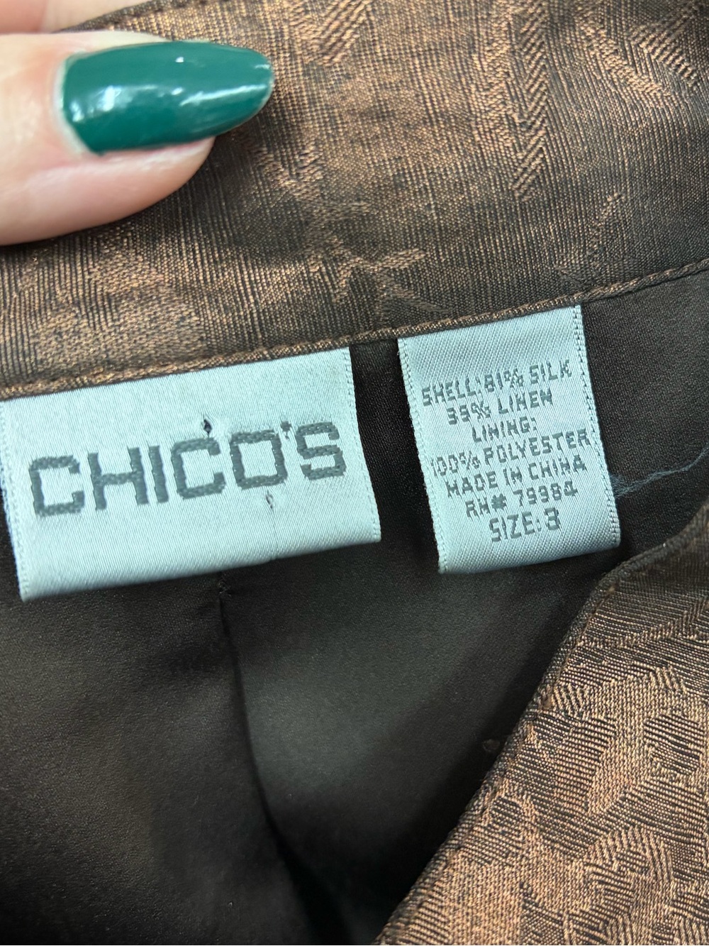 Chico’s Bronze Silk Linen Metallic Jacquard Jacket Size 3, XL, Silk Fall Jacket - Picture 3 of 10